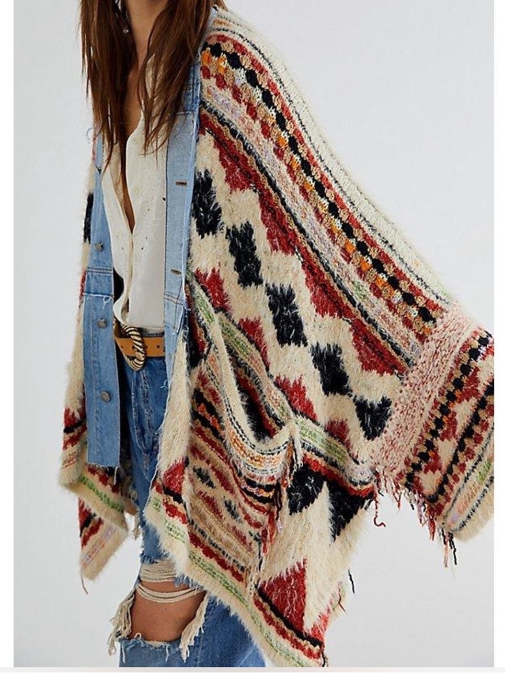 Free People Running Wild Multicolor Aztec Knit Poncho